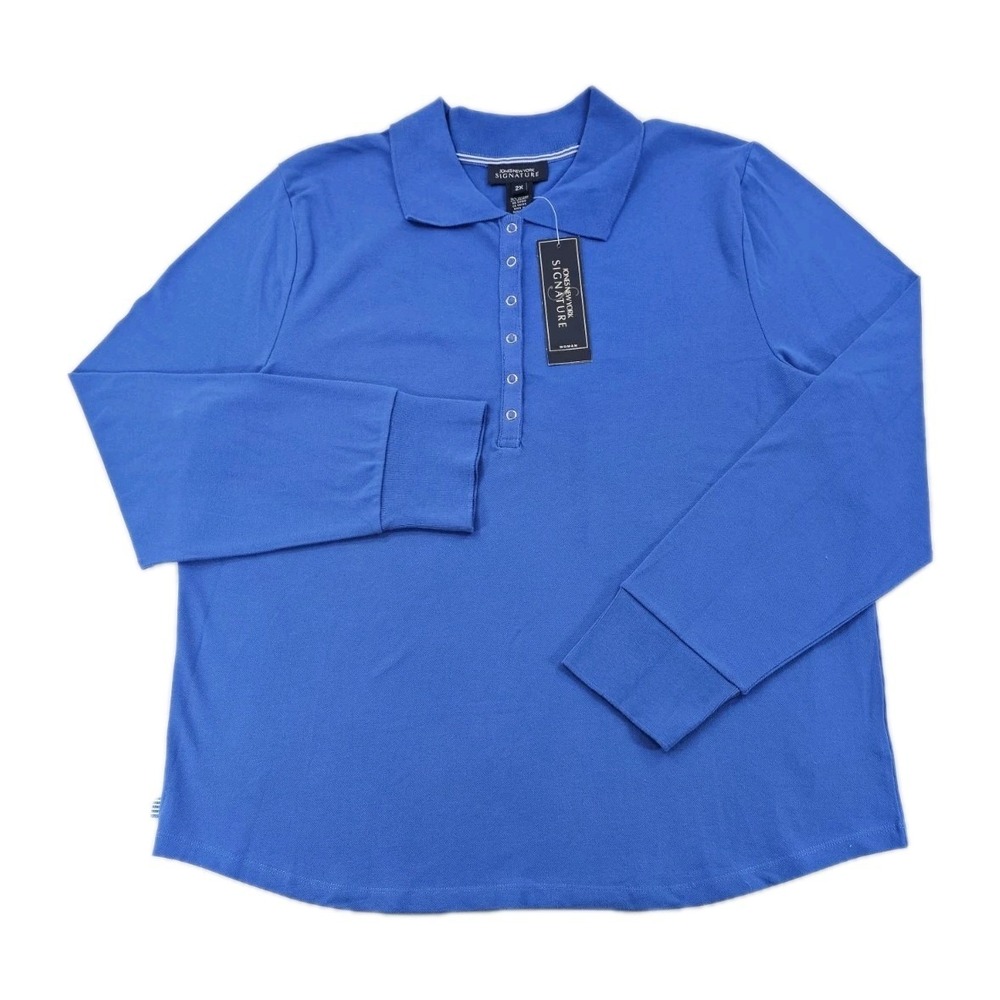 Jones New York Women's Signature Polo Shirt 2XL Blue Long Sleeve Stretch 6 Snap